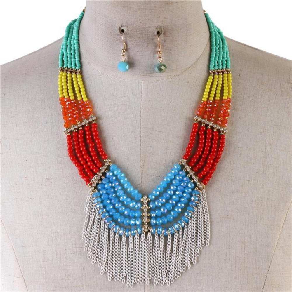 Multi color And Crystal Beads Fringed Necklace Set